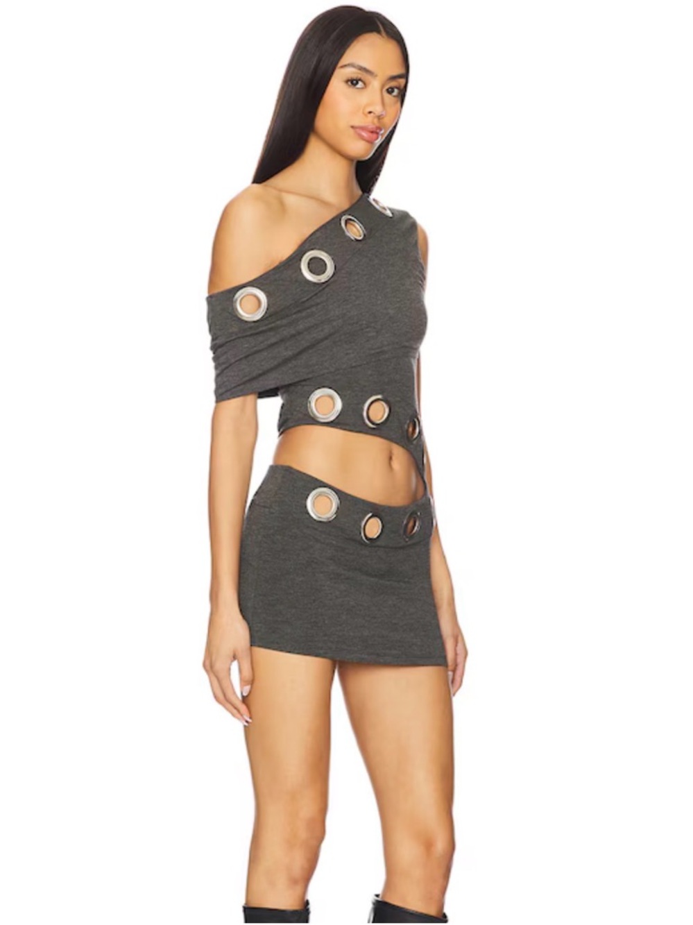 New revolve Jaded London Charcoal Gray Asymmetric Eyelet Dress sz 8